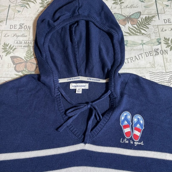 Life Is Good Navy and White Striped hooded shirt sweater medium oversized - Picture 1 of 6